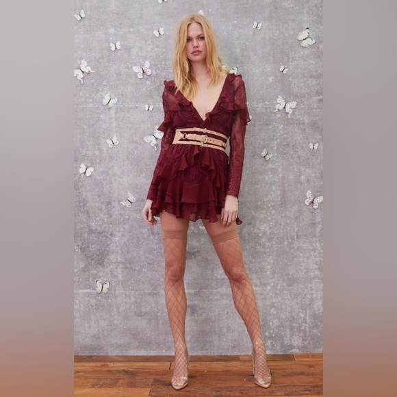 For Love & Lemons Daphne Lace Mini Dress in Bordeaux Small - Picture 2 of 11